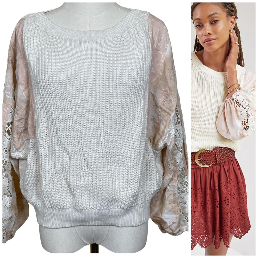 Pilcro Anthropologie Martine Peasant Sleeve Sweater Women S‎ White Pink Lace